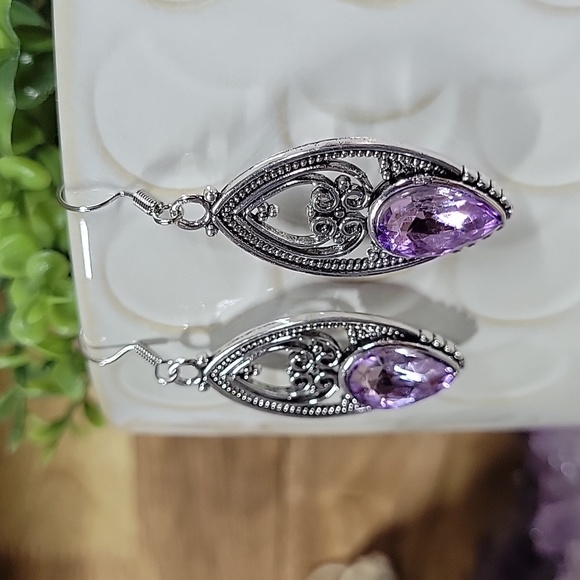 Amethyst Crystal Scrolled Drop Earrings, S925 - Picture 5 of 5